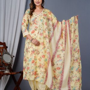 Elegant Floral Printed Kurta Pant Set with Dupatta