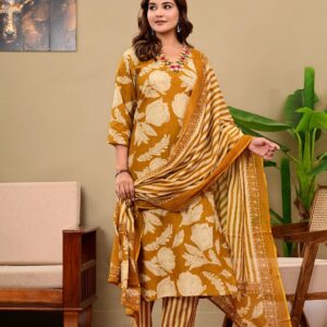 Floral Kurta Set with Striped Dupatta