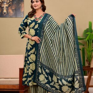 Botanical Print Kurta Set with Striped Dupatta