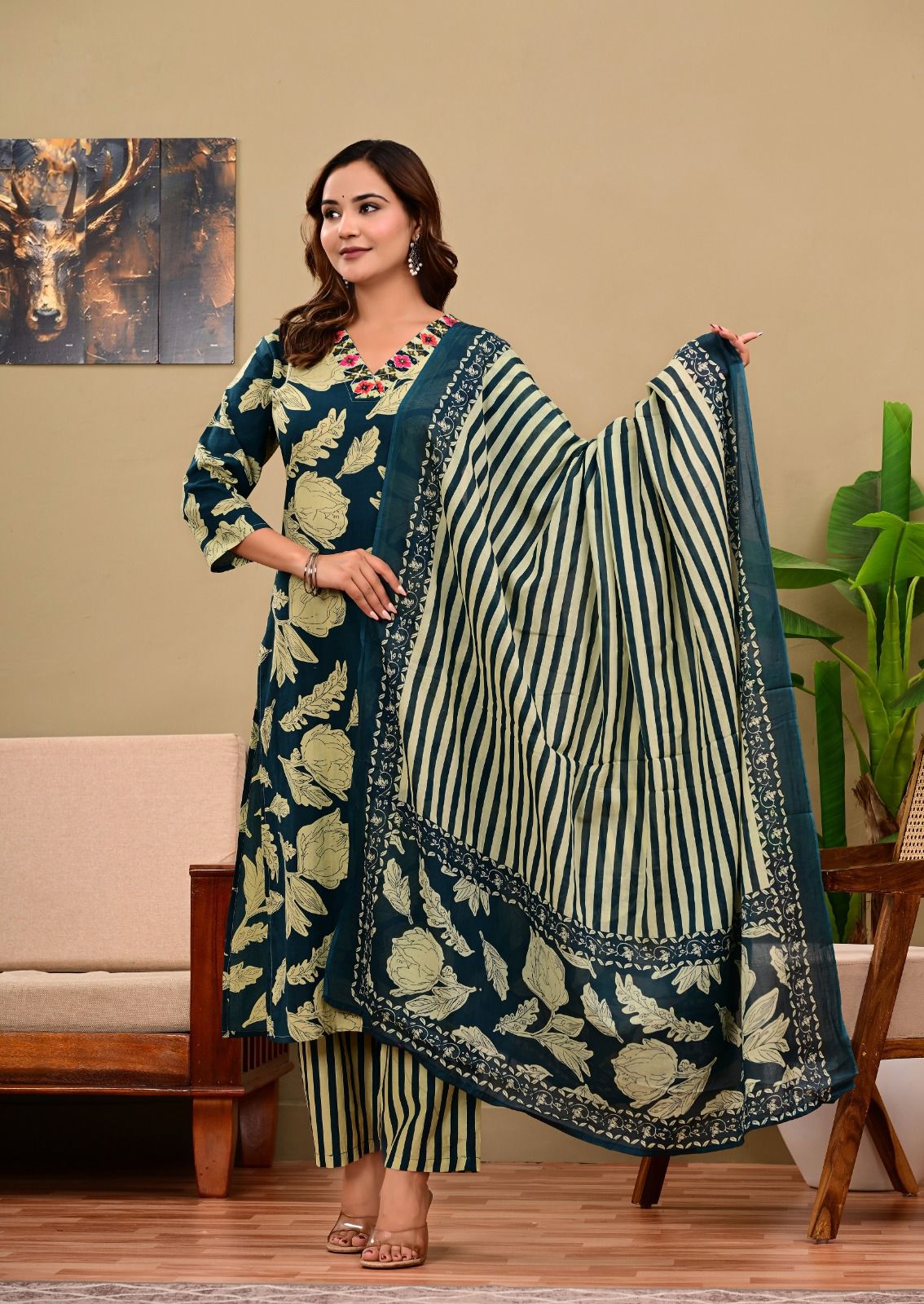 Botanical Print Kurta Set with Striped Dupatta