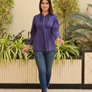 Pleated Yoke Round Neck Casual Top