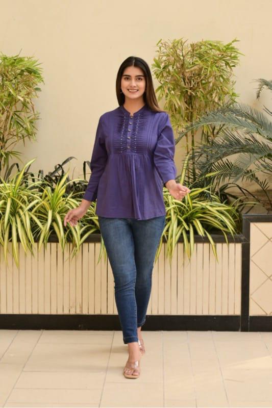 Pleated Yoke Round Neck Casual Top