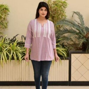 Embroidered Panel Notch Neck Casual Top