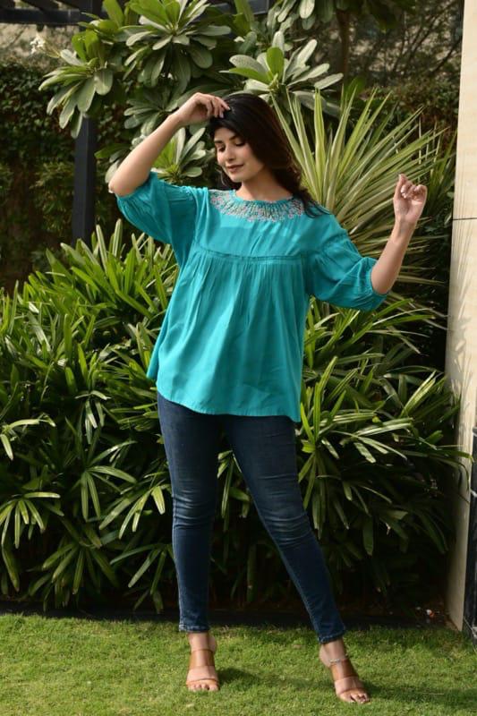 Embroidered Yoke Casual Tunic Top