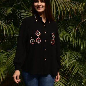 Floral Embroidered Button-Up Casual Tunic