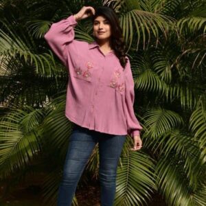 Floral Embroidered Button-Front Casual Shirt Top