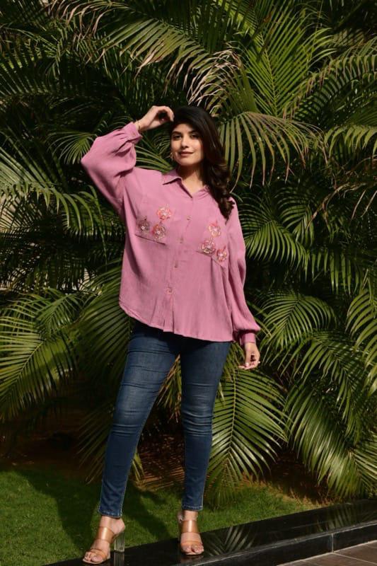 Floral Embroidered Button-Front Casual Shirt Top