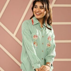 Embroidered Collared Button-Front Casual Shirt