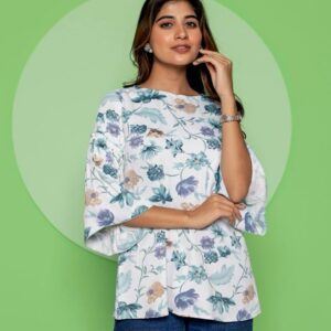 Botanical Print Flared Sleeve Casual Top