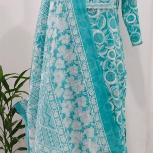 Aqua Floral Embroidered Kurta Pant Set with Dupatta