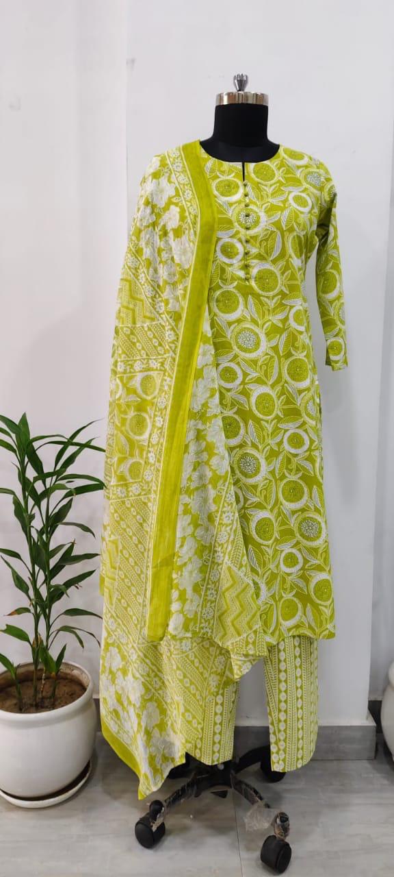 Lime Green Printed Kurta Pant Set with Dupatta