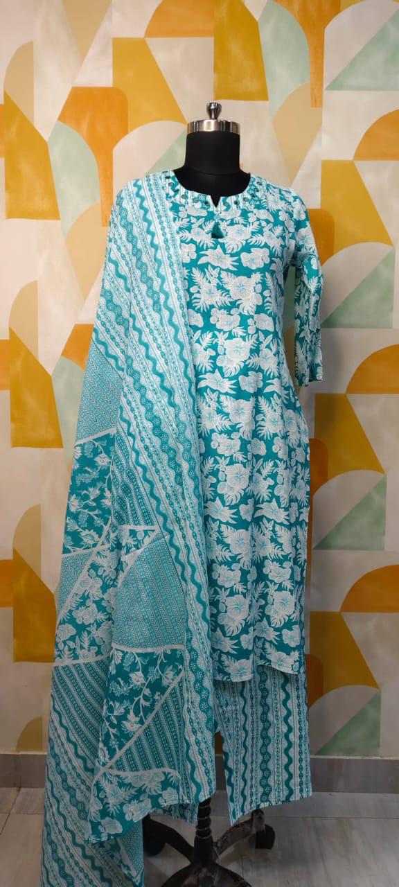 Elegant Botanical Printed Kurta Pant Set with Dupatta