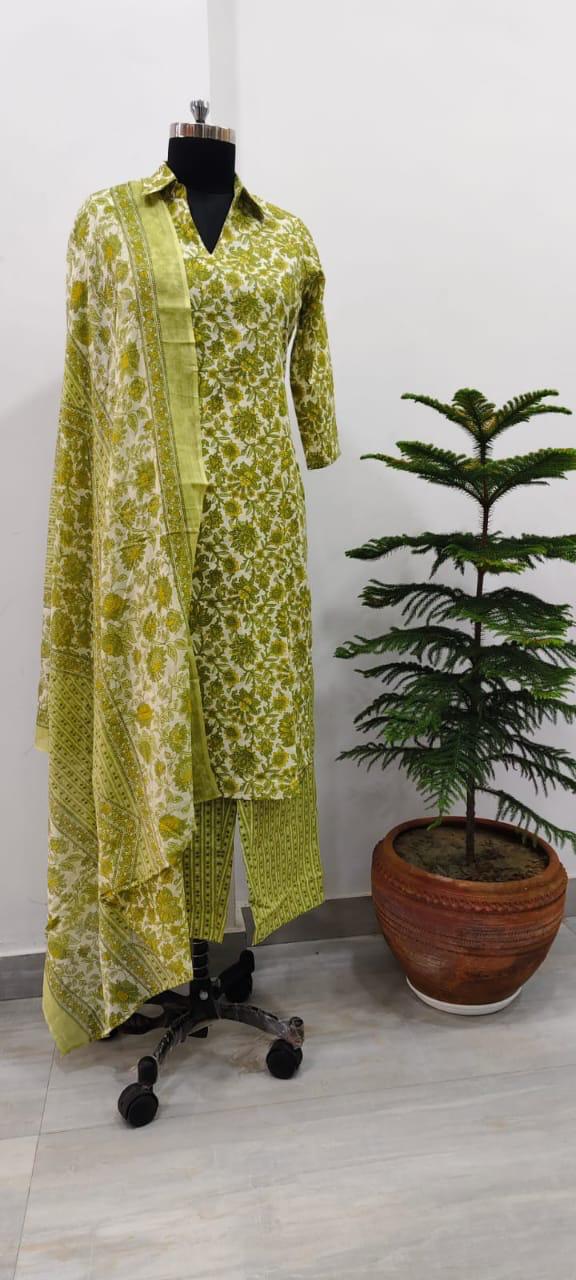 Olive Green Printed Kurta Set with Dupatta